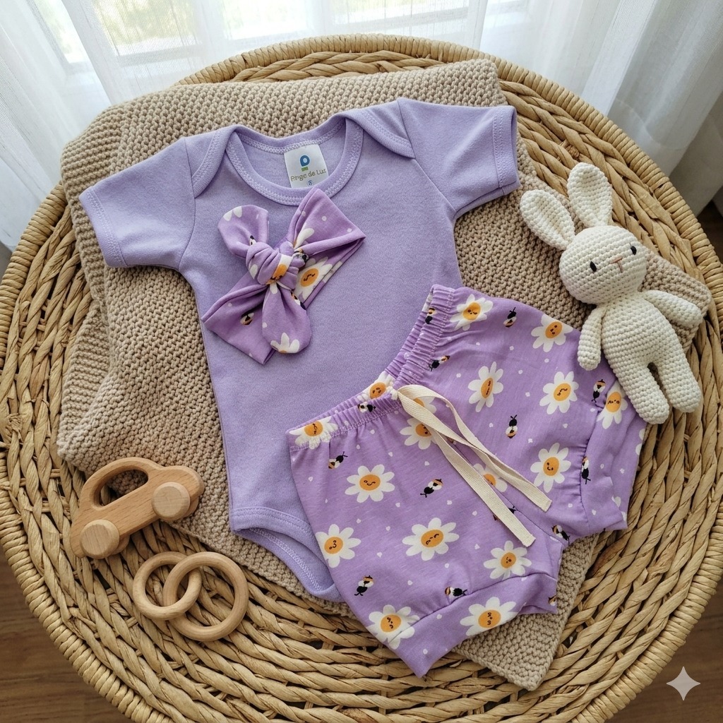 Conjunto Bebê Feminino Body Branco + Short Rosa Estampado com Faixa Look Infantil Confortável