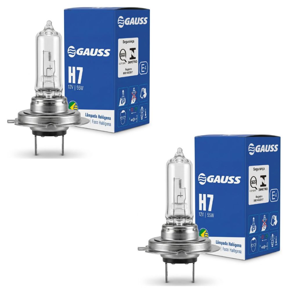 Par Lâmpadas Farol H7 Gauss 12v 55W Alto Baixo Auxiliar Original