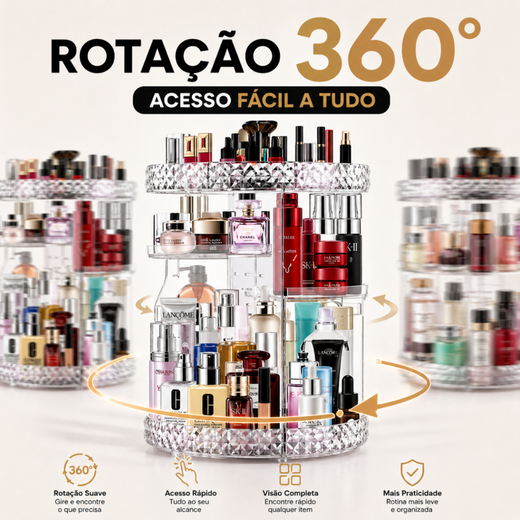 Organizador de Maquiagem Giratório 360° - 4 Andares em Acrílico Premium.