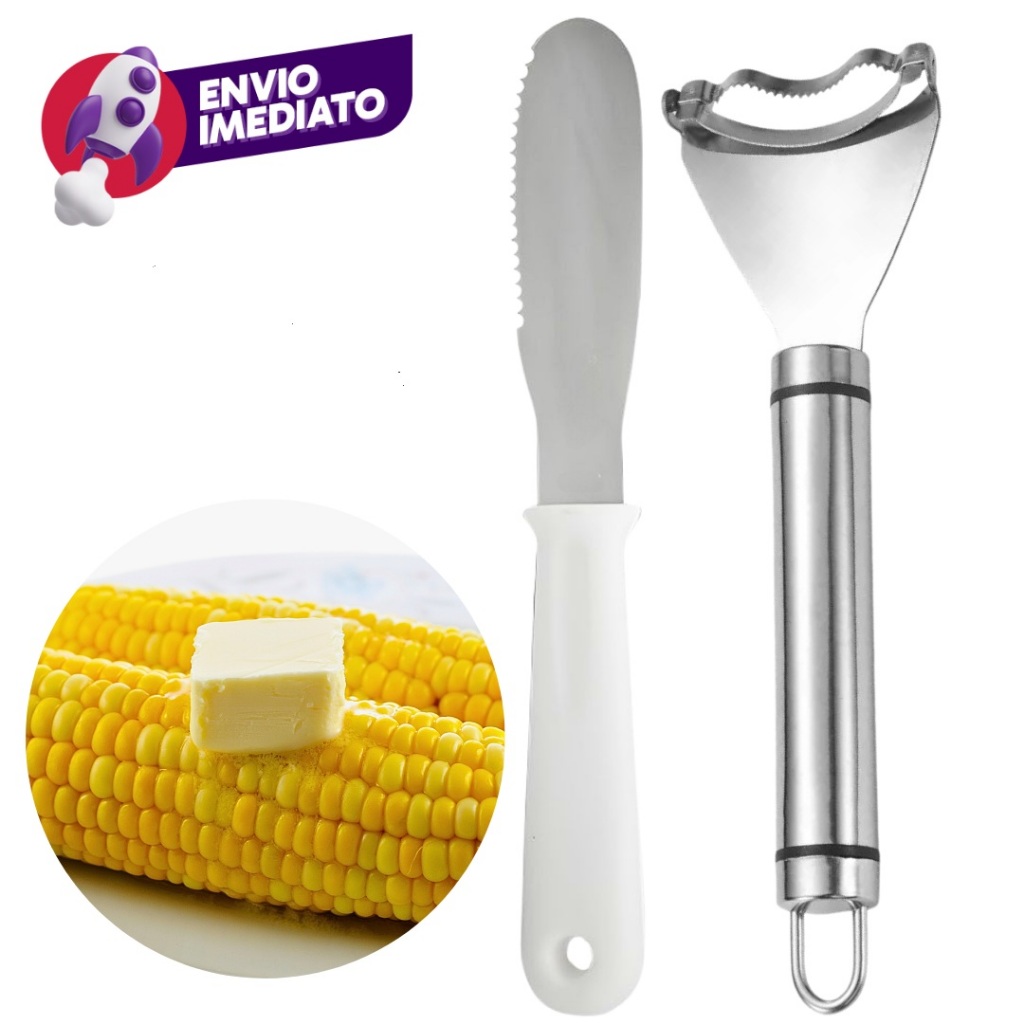Kit Raspador Debulhador Milho Descascador Inox E Espátula Manteiga Com Serra Cabo Branco C/2 Ou 4Un