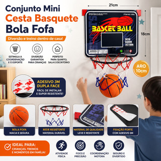 Conjunto Mini Cesta Basquete Infantil Bola Fofa Treino Casa Quarto 21x18cm Adesivo 3M Aro 10cm Parede Porta Presente