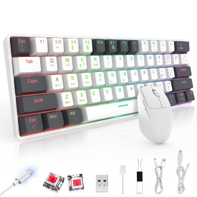 Combo Teclado Mecânico 61 Teclas e Mouse Sem Fio Tri-Mode RGB Switch Titanium PBT Hot-Swappable ABNT2 Bluetooth 5.0 2.4G