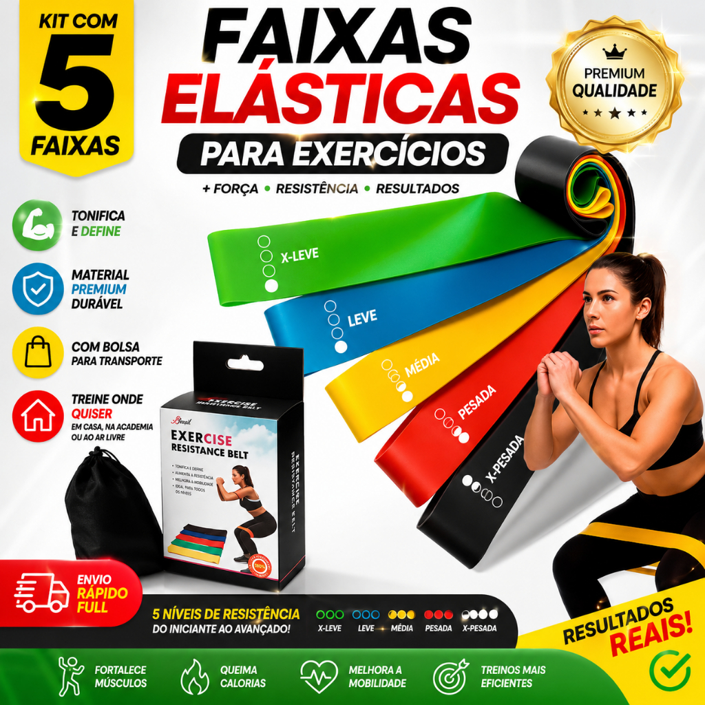 KIT 5 FAIXAS ELÁSTICAS DE RESISTÊNCIA PARA EXERCÍCIOS | FUNCIONAL, MUSCULAÇÃO, PILATES E CROSSFIT