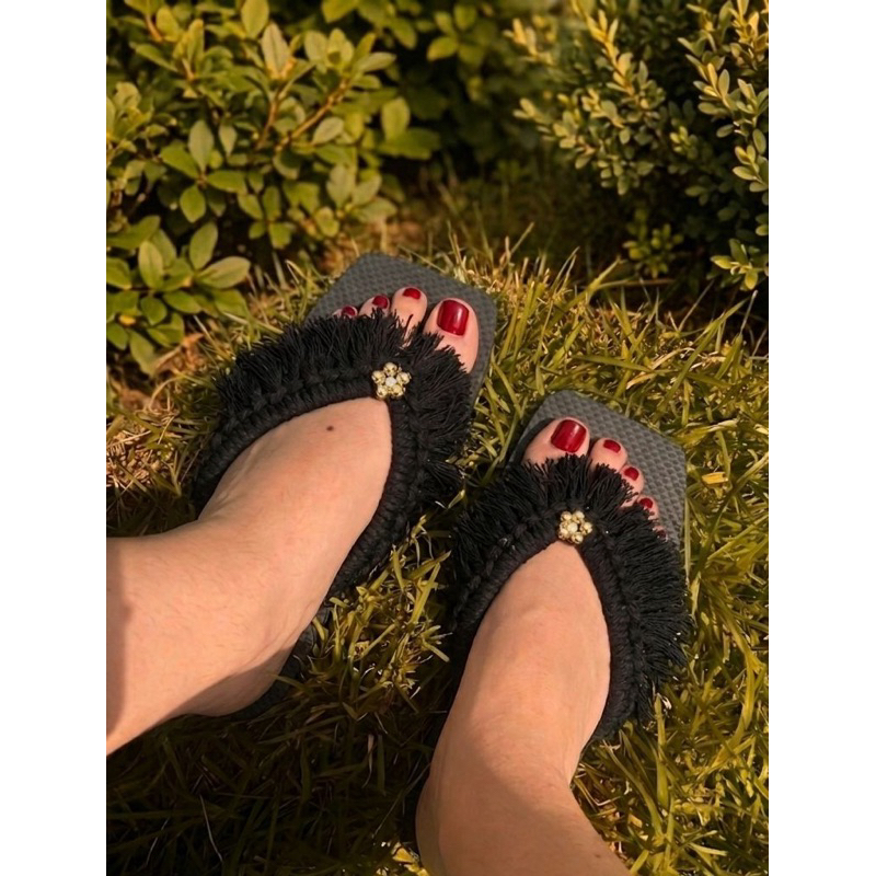 Detalhes do Chinelo Feminino Boho fringe Pérolas com Franja Luxo em Macramê Confortável Antiderrapante