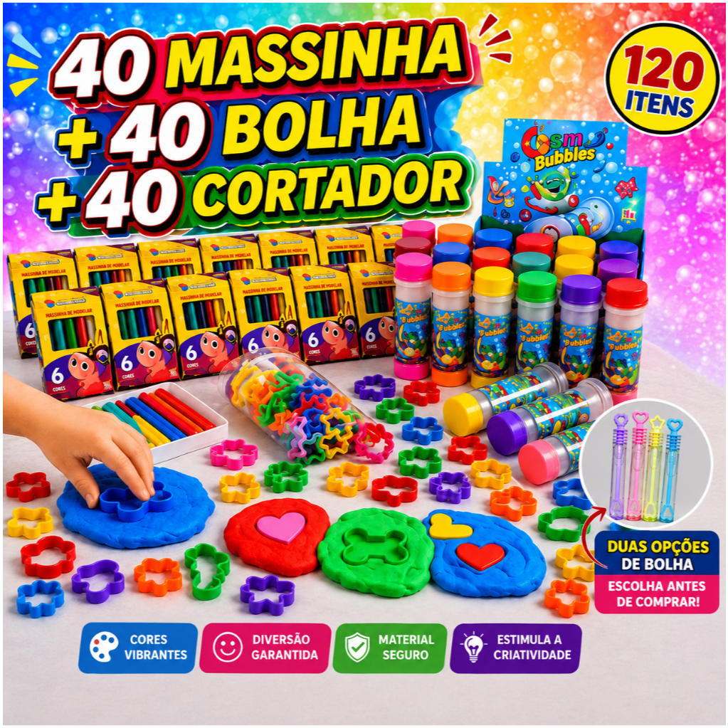 Kit 40 Caixa de Massinha de Modelar + 40 Bolha de Sabão + 40 Cortador Forminha Infantil Lembrancinha