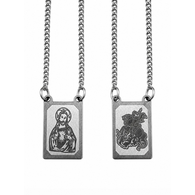Escapulario Jesus e São Jorge Aço Inoxidável Corrente 60cm Pingente Religioso
