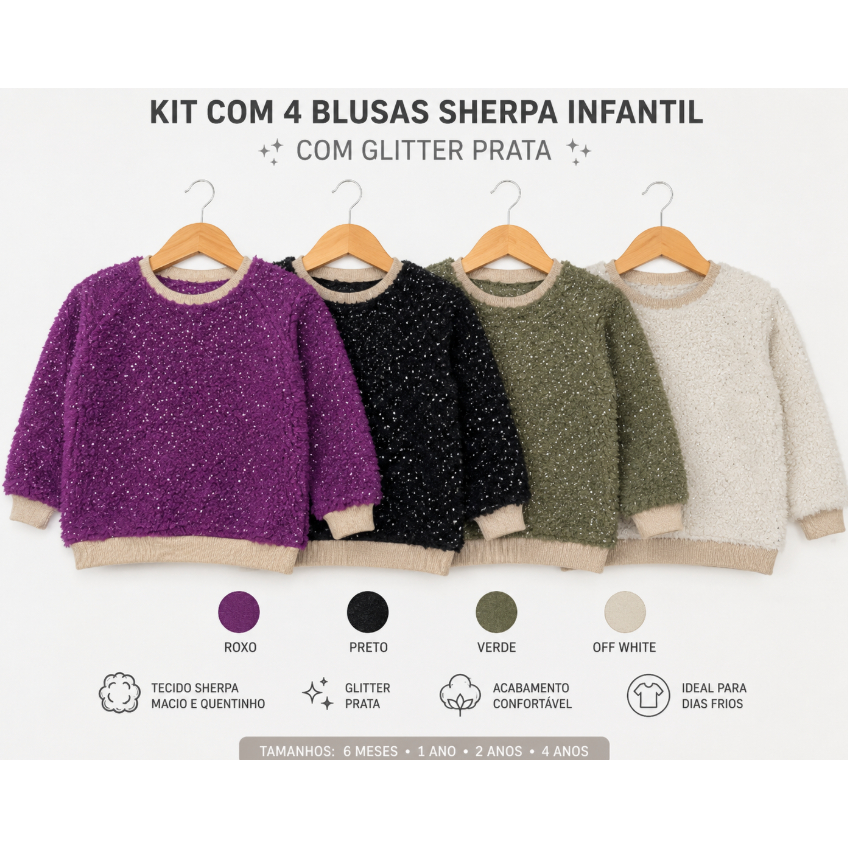 Kit 2 Blusas Infantil Pelúcias com Brilho Inverno Moda Kids Quentinha e Confortável