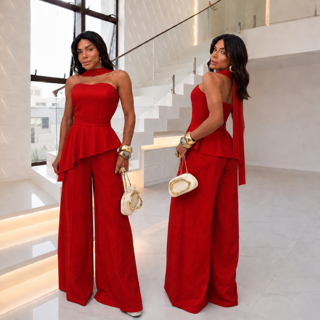 Conjunto Feminino Tomara Que Caia Blusa Assimétrica Pantalona Ampla Com Faixa Moda Luxo Chique Leve