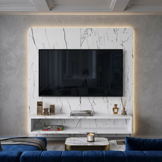 Painel Para Tv Sala/Quarto Até 50 Polegadas PLAY Com Prateleiras e Nichos Areas Cores Marmore Casa