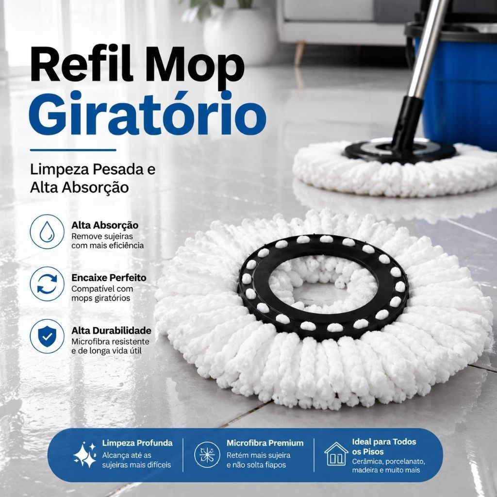 Refil Mop Giratório 360 Microfibra Universal 8L Ou 13L Lavável Limpeza Pesada