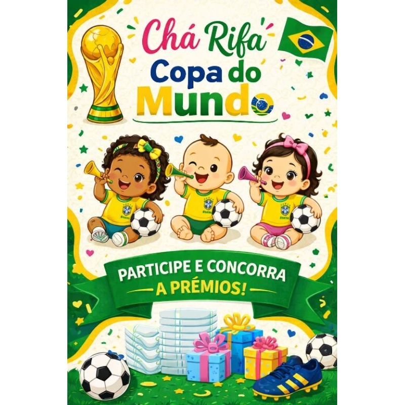 Convite Chá Rifa- Chá de Bebê- Copa do Mundo. cartela com número+ tabela de participantes