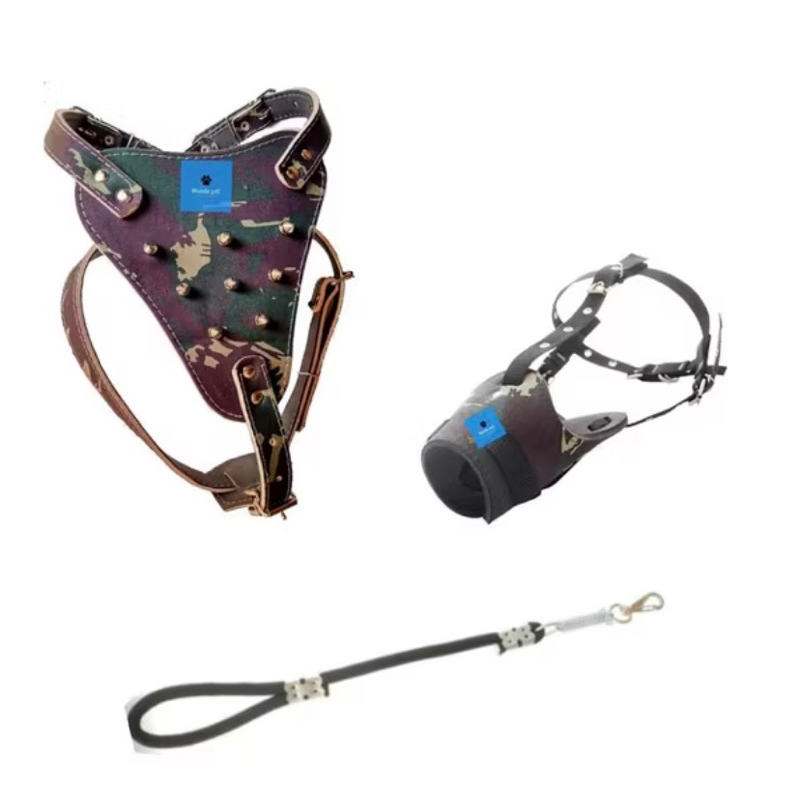 Peitoral Pitbull Spike + Focinheira Rotweiller Couro Legitimo Guia Incluso