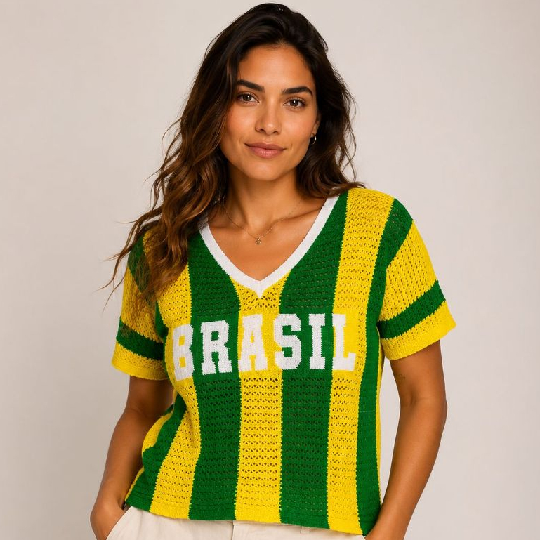 Blusa Feminina Tricô Brasil Manga Curta Fio Crochê Peneirado Decote V Brazilcore Copa Verde Amarelo