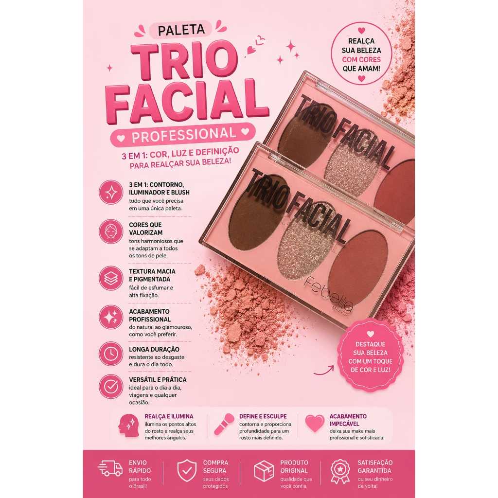 Trio Contorno Facial Alta Pigmentação Paleta Contorno Bronzeador Iluminador
