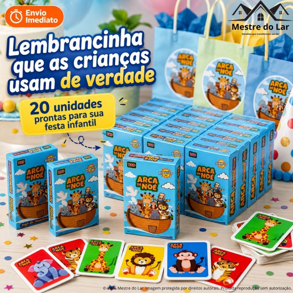 Kit 20 Jogos da Memória Arca de Noé Cartas Ilustrada Didática Brinquedo Dia das Criança Lembrancinha