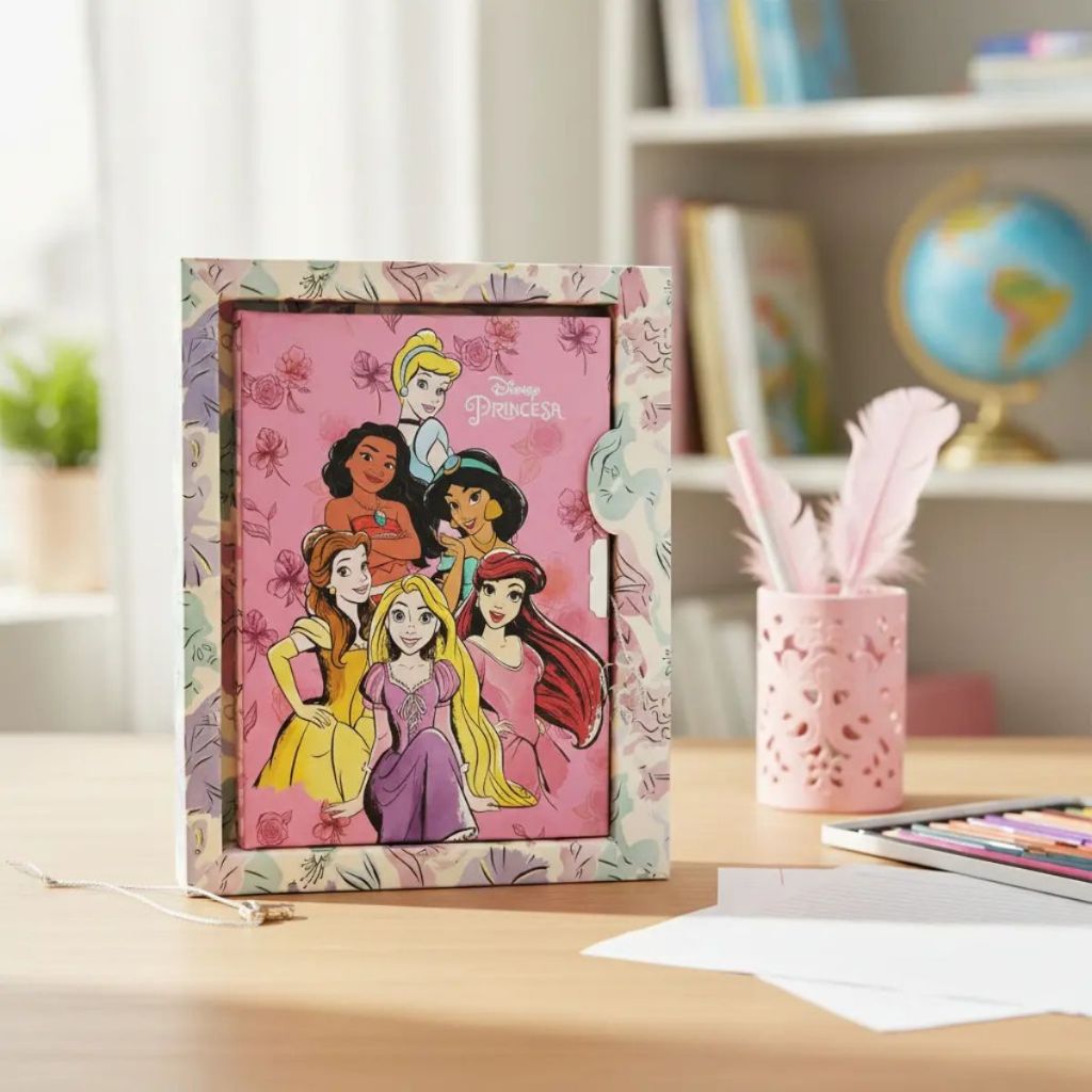 Diário Caderneta Infantil com Fechadura Caixa com Imã Disney Caderno Chave Presente Frozen Princesas