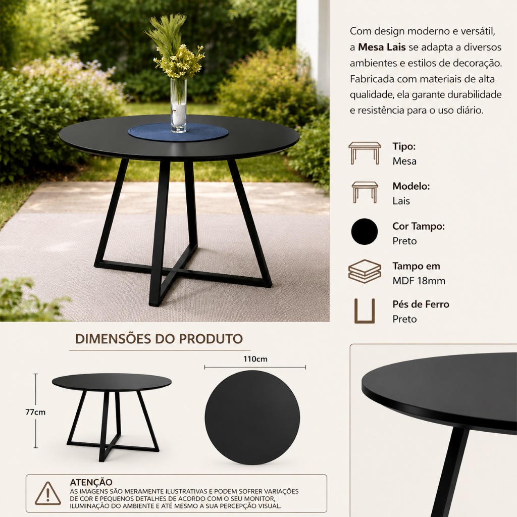 Mesa Com Pés De Ferro Jantar Laís 110 Cm Modelo Industrial Preto