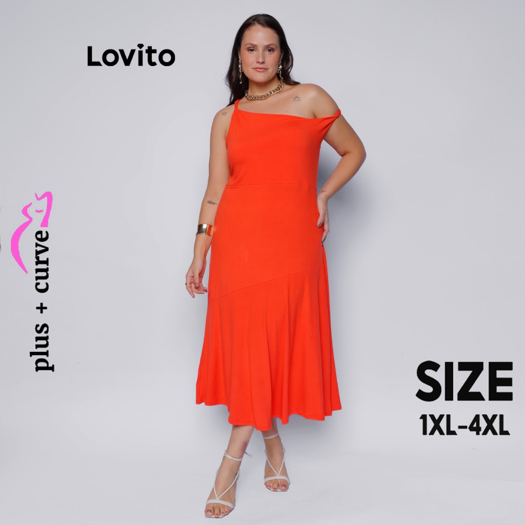Lovito Vestido Midi Plus Size Manga Torcida DRB1240BRL1270