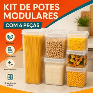 Kit 6 Potes Hermeticos Organizadores Modulares Porta Mantimentos Empilháveis