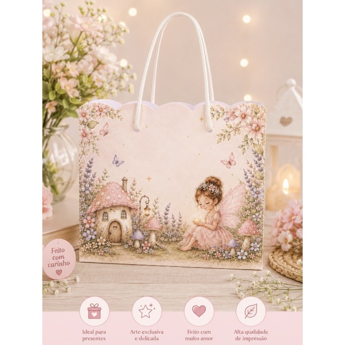 Sacola de Papel Personalizada Fada Aquarela Luxo 15x20x7 Festa Infantil Menina Lembrancinha Aniversário Premium Com Alça