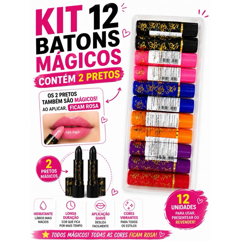 kit 12 pcs batom mágico 24horas (2 embalagem preto),batom vovó , muda de cor
