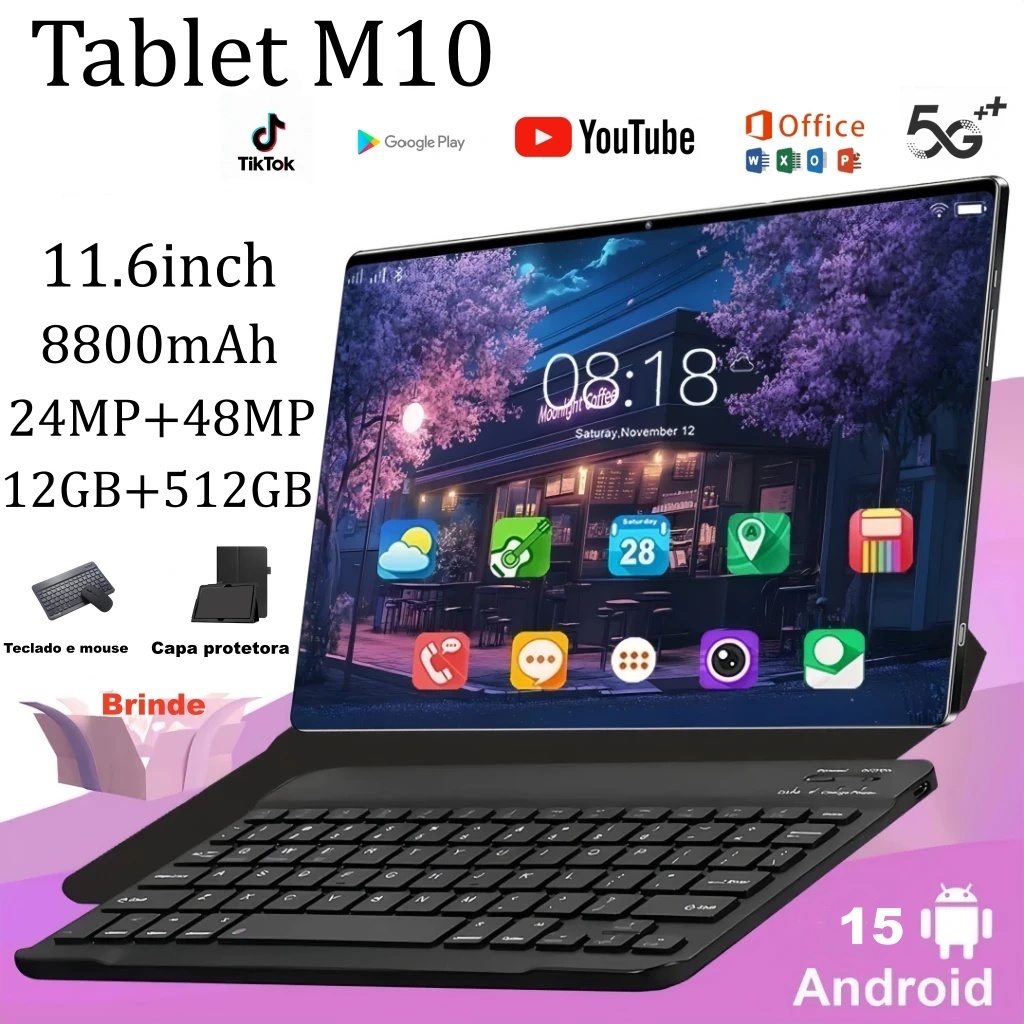 【Teclado e mouse gratuitos】Tablet  M10 12 GB de RAM + 512 GB de ROM Tela HD de 11,6 polegadas Android5G