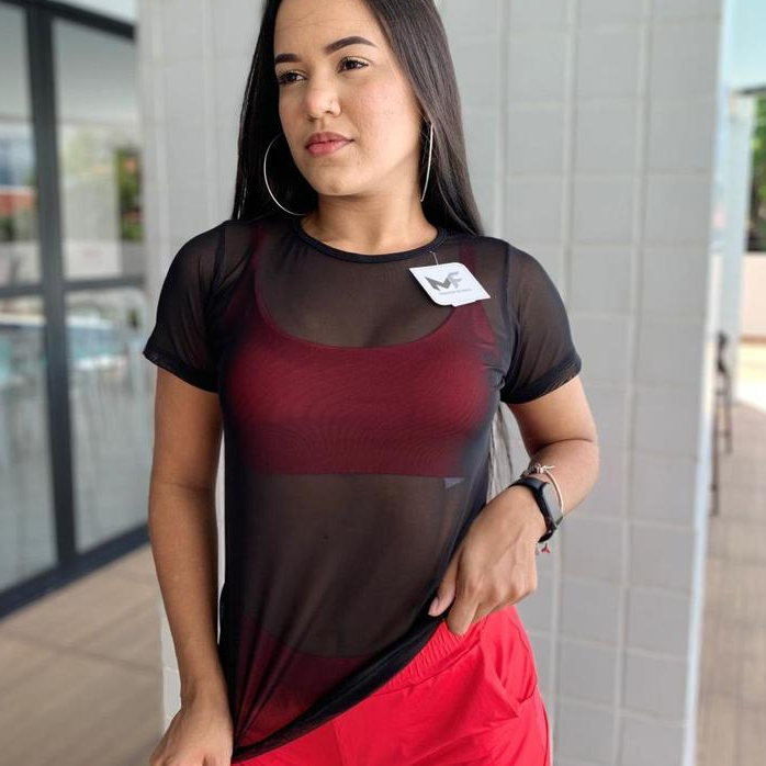 Blusa Baby Look em Tule Premium Fitness Blogueira Manga curta blusa com transparência feminina