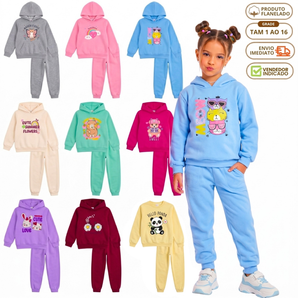 Kit 4 Peças Conjunto de Moletom Infantil Menina Inverno 2 Blusa 2 Calça Flanelada Forrada 1 ao 16
