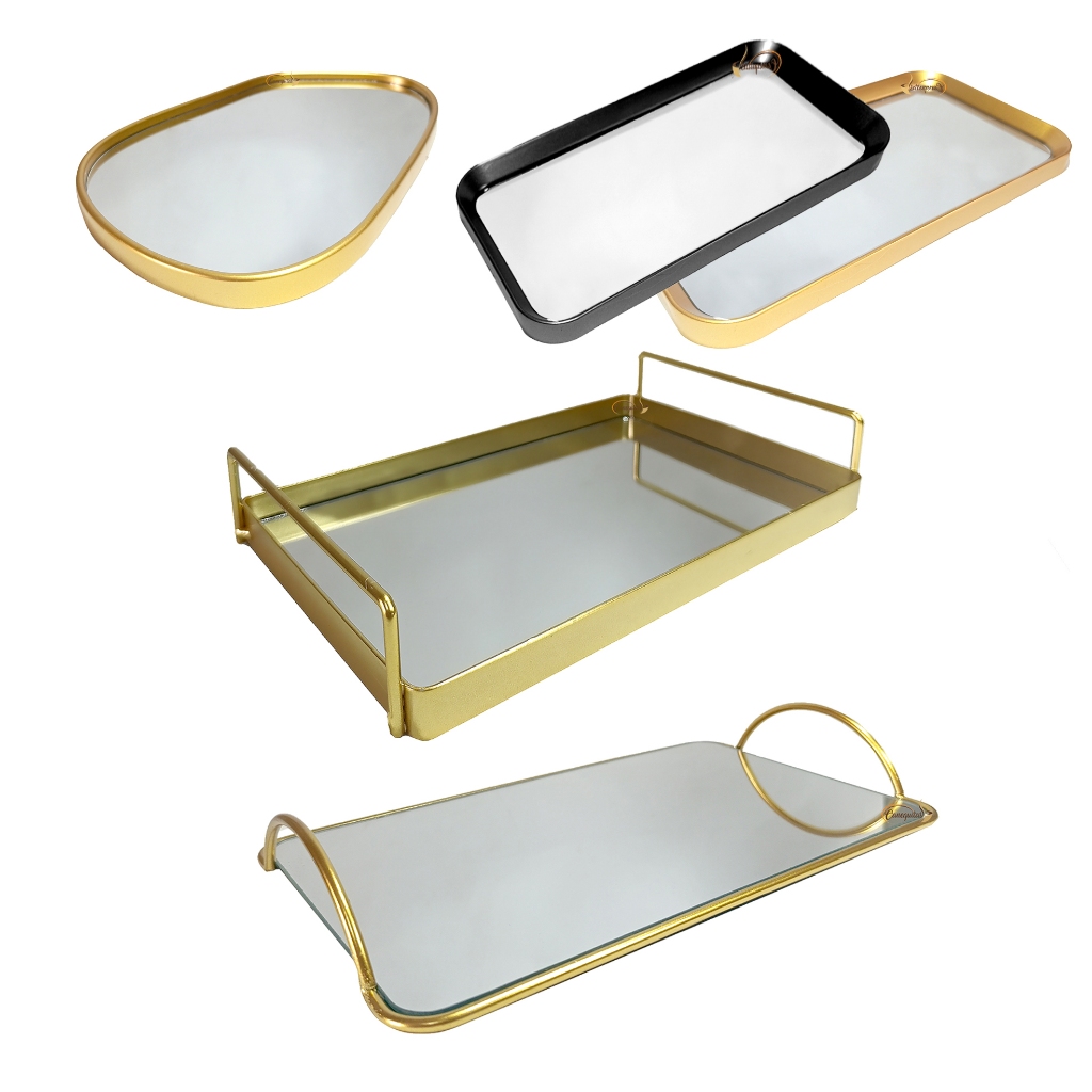 Bandeja Orgânica Decorativa Espelhada Dourada Multiuso Banheiro Lavabo Preta Porta Maquiagem Espelho