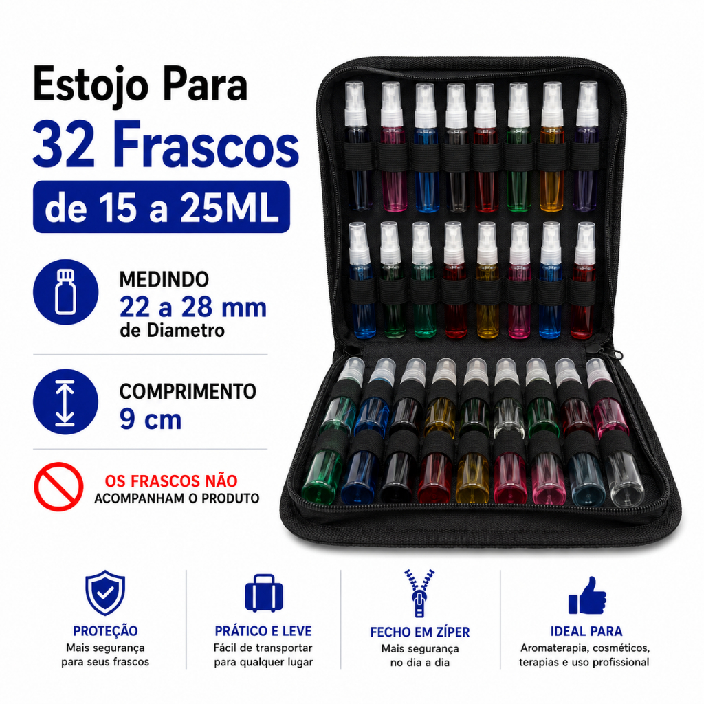 Estojo Demonstrador de Perfumes para 32 Flaconetes Decants 15 a 25 ml com Fechamento Zíper