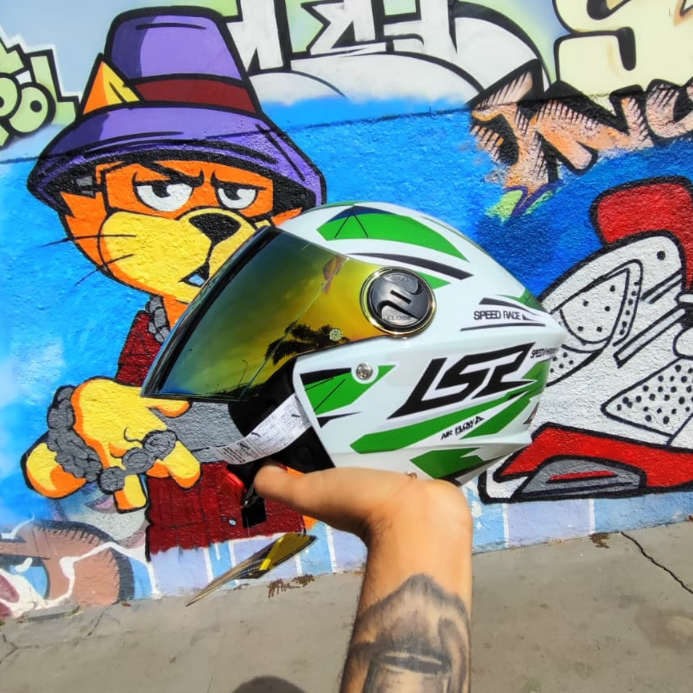 Capacete Aberto New Liberty 3 Personalizado Adesivado LS2 Draze Air Flow Verde + Viseira Camaleão
