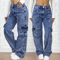 Calça Wide Leg Jeans Feminina Cargo Cintura Alta 100% Algodão Pantalona Premium