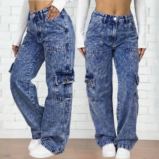 Calça Wide Leg Jeans Feminina Cargo Cintura Alta 100% Algodão Pantalona Premium