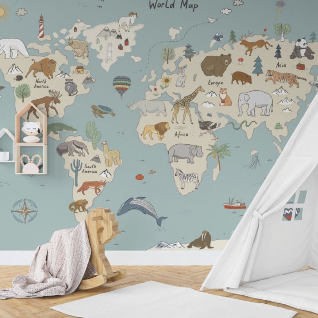 Papel de Parede Adesivo Painel Personalizado Infantil Mapa Mundi Azul Safari Balão Animais