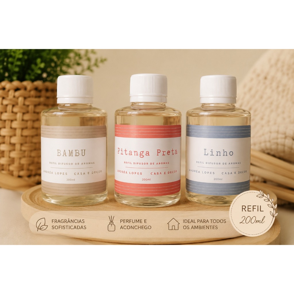Refil Difusor 200ml Aromatizador de Ambiente Bambu Lavanda Linho Pitanga Preta com 5 Varetas Alta Fixação