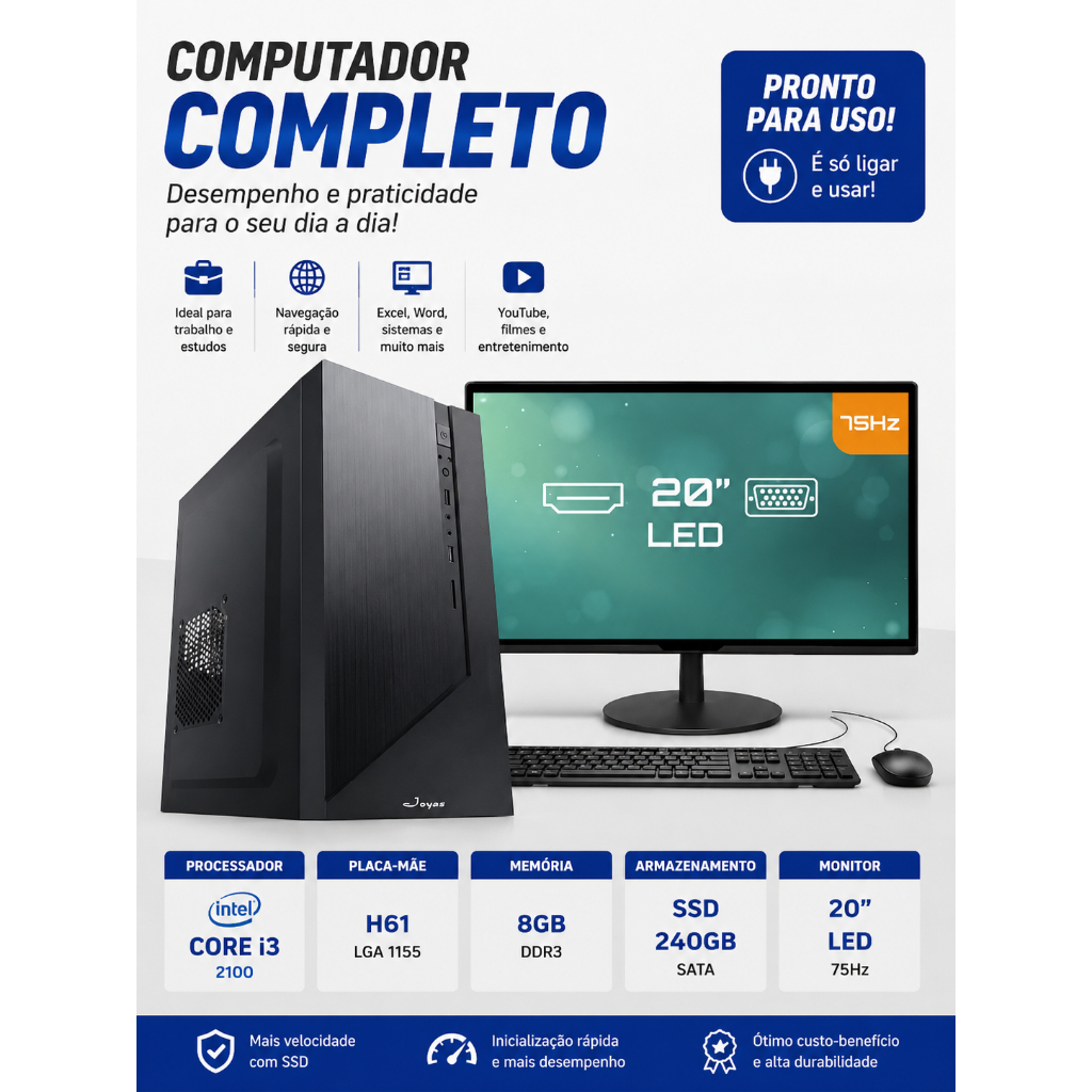 Computador Completo H61 Intel Core I3 8gb Ssd 240gb Monitor 20''