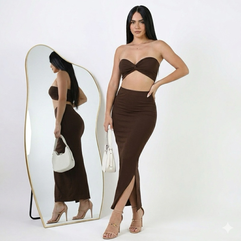 Conjunto Saia Longa Lua parte de cima top faixa torcido Conjunto Feminino Look Natal Malha suplex Premium saia com fenda