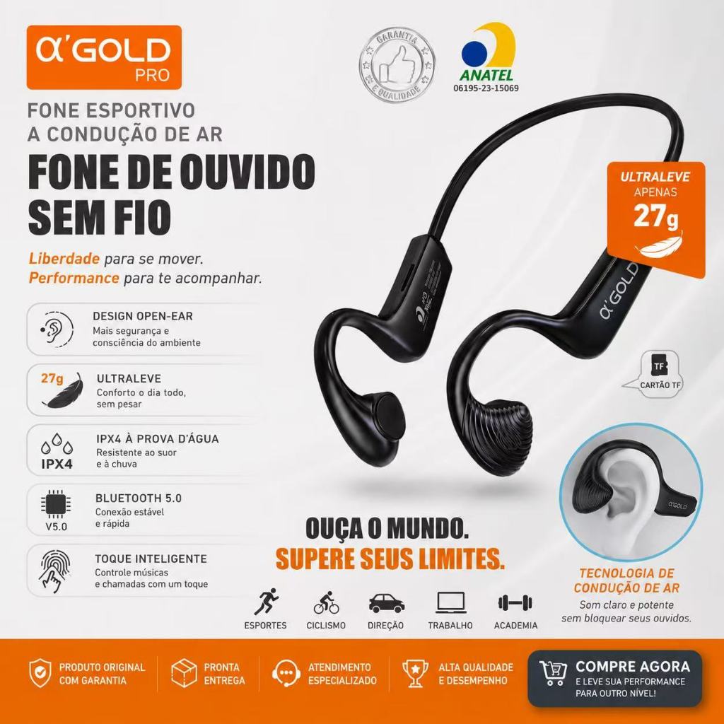Fone De Ouvido Bluetooth 5.2 Condução Aéria Óssea Indução TF FN-B30 Earflex Esportivo