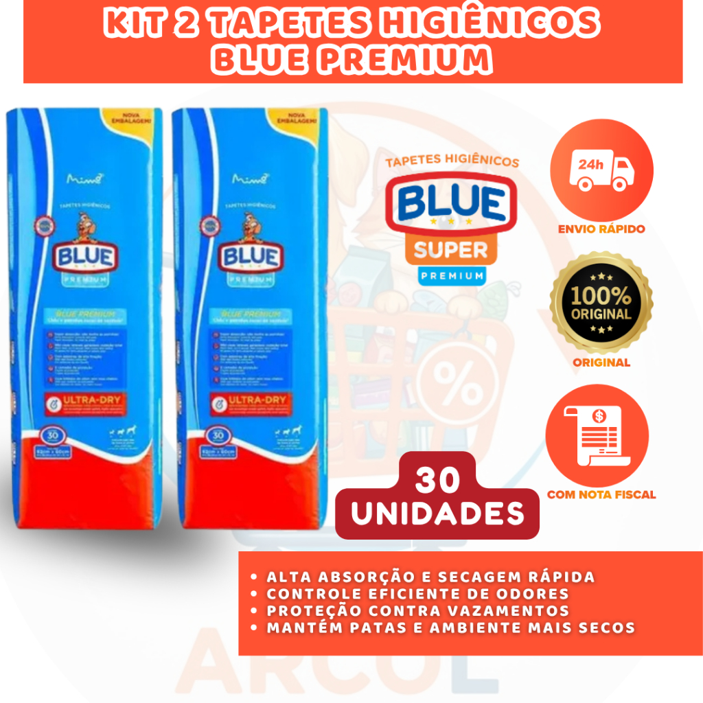 TAPETE HIGIÊNICO BLUE PREMIUM 82X60CM KIT COM 60 UNIDADES SUPER ABSORVENTE