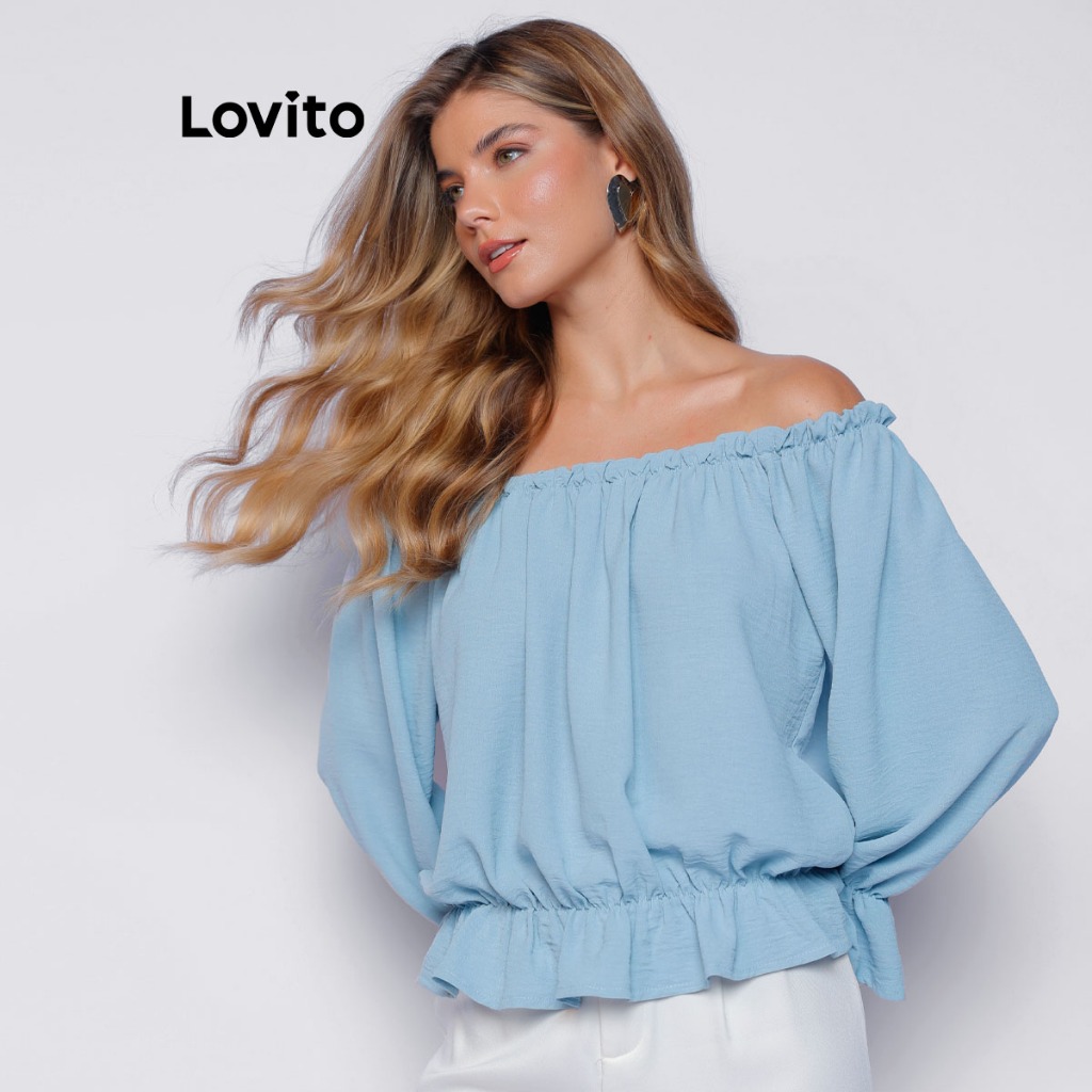 Lovito Blusa Manga Longa Azul Claro Elegante Tecido Leve Feminina Ombro a Ombro BRBLB1392BRL1422