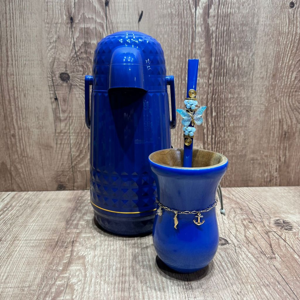 Kit Chimarrão Premium Azul Cuia Imbuia Garrafa Térmica 1l Bomba Inox Luxo
