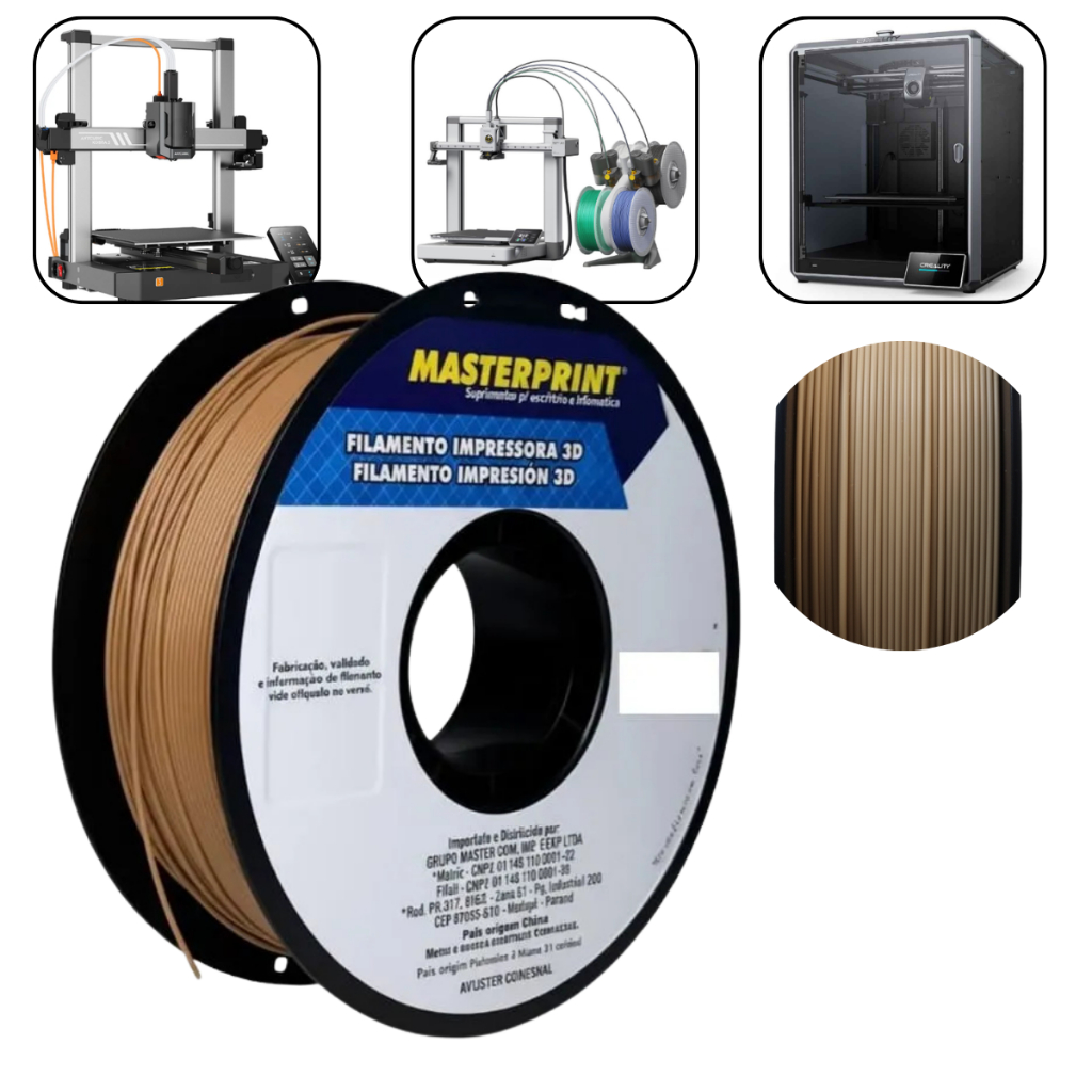 Filamento para Impressora 3D Masterprint PLA Madeira Escura 1KG 1,75mm Premium Wood Maquete Arquitetura Vaso