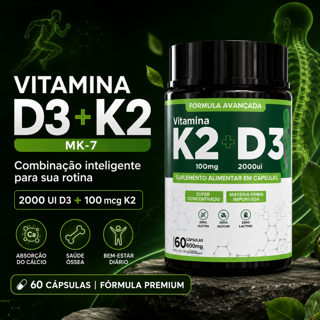 Vitamina K2 MK-7 + Vitamina D3 – 60 Cápsulas Alta Absorção