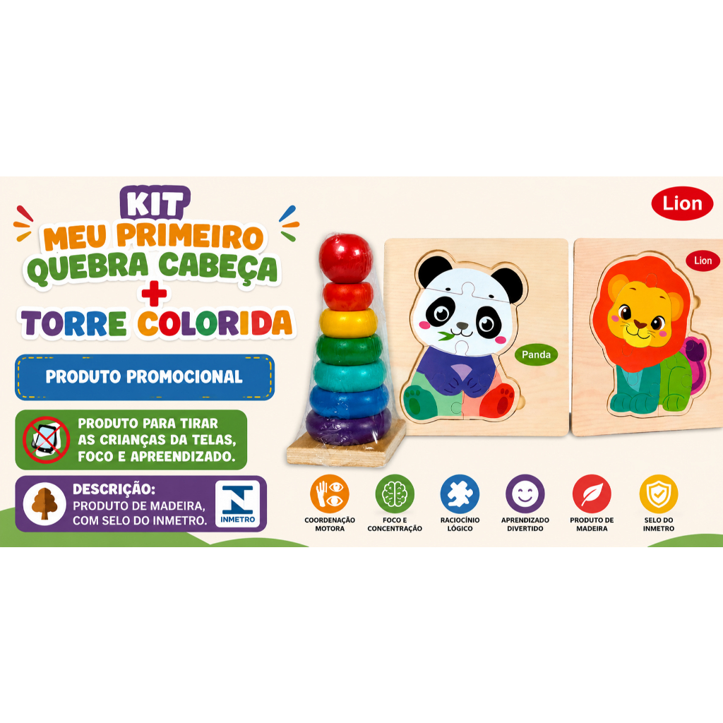 Kit Brinquedo Montessori Infantil Educativo Torre de Empilhar + Quebra Cabeça Madeira Menino Menina