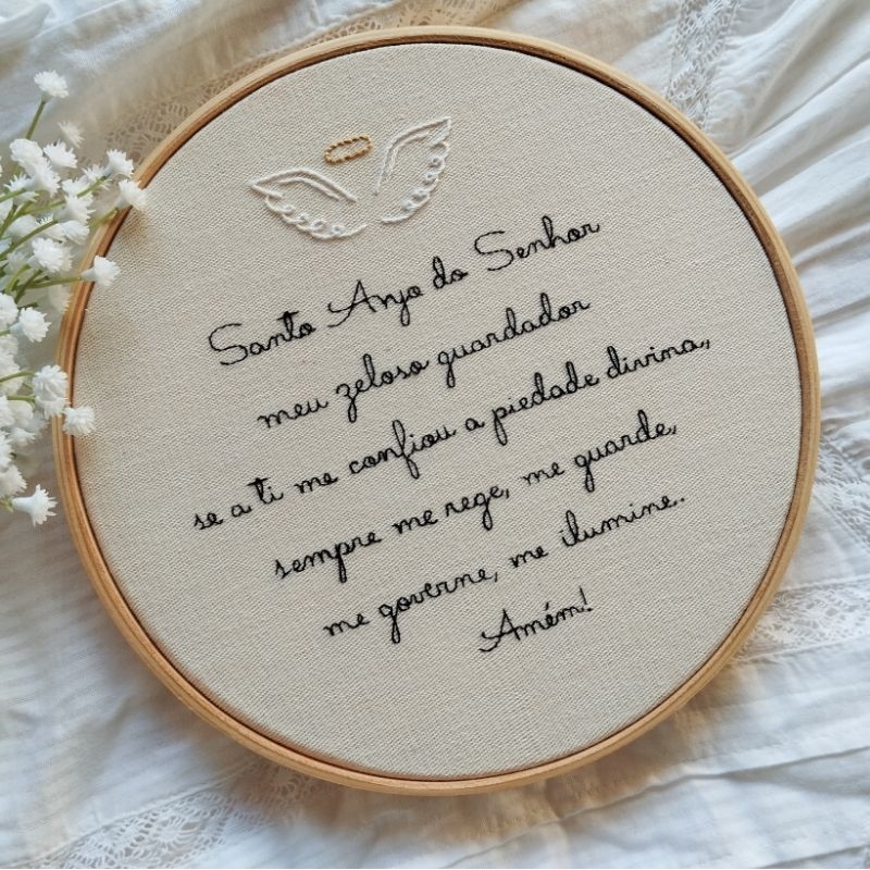 Oração Santo Anjo Bordado à mão - Quadro Bastidor Decoração Infantil