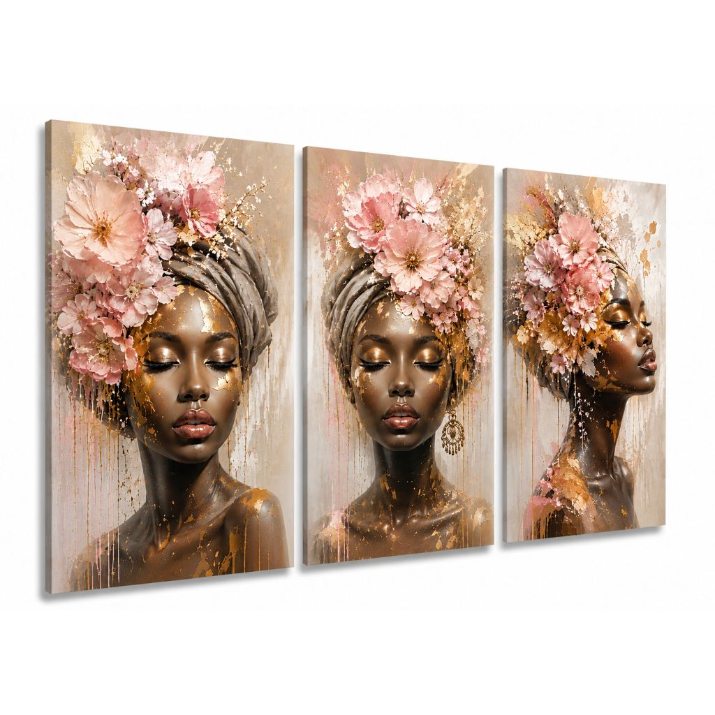 Quadros Decorativos Kit Com 3 Peças Mulheres Flores Maquiagem Salão De Beleza Luxo Moderno (M.N ROSA NOVO)