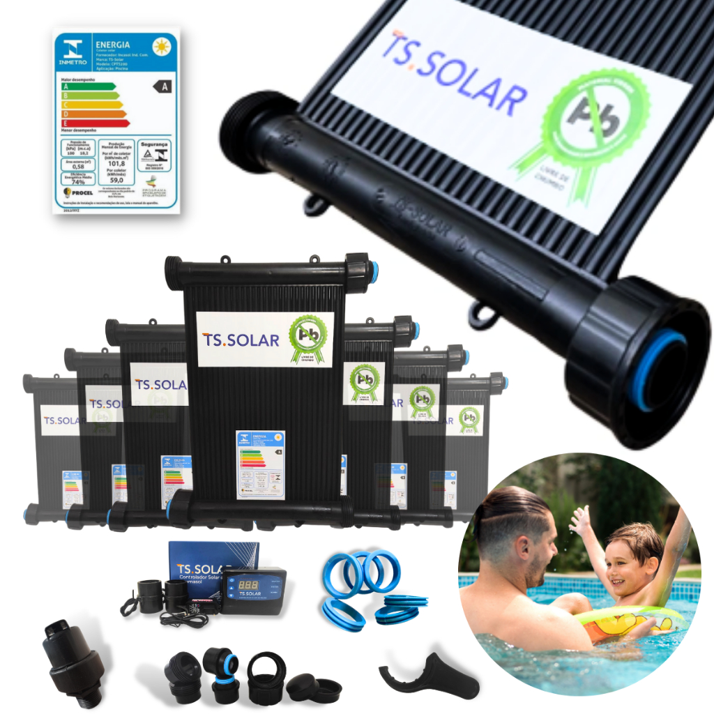 Aquecedor Solar Piscina TS Solar Kit 7 Placas 3m + Controlador + Válvula VQV + Kit Instalação