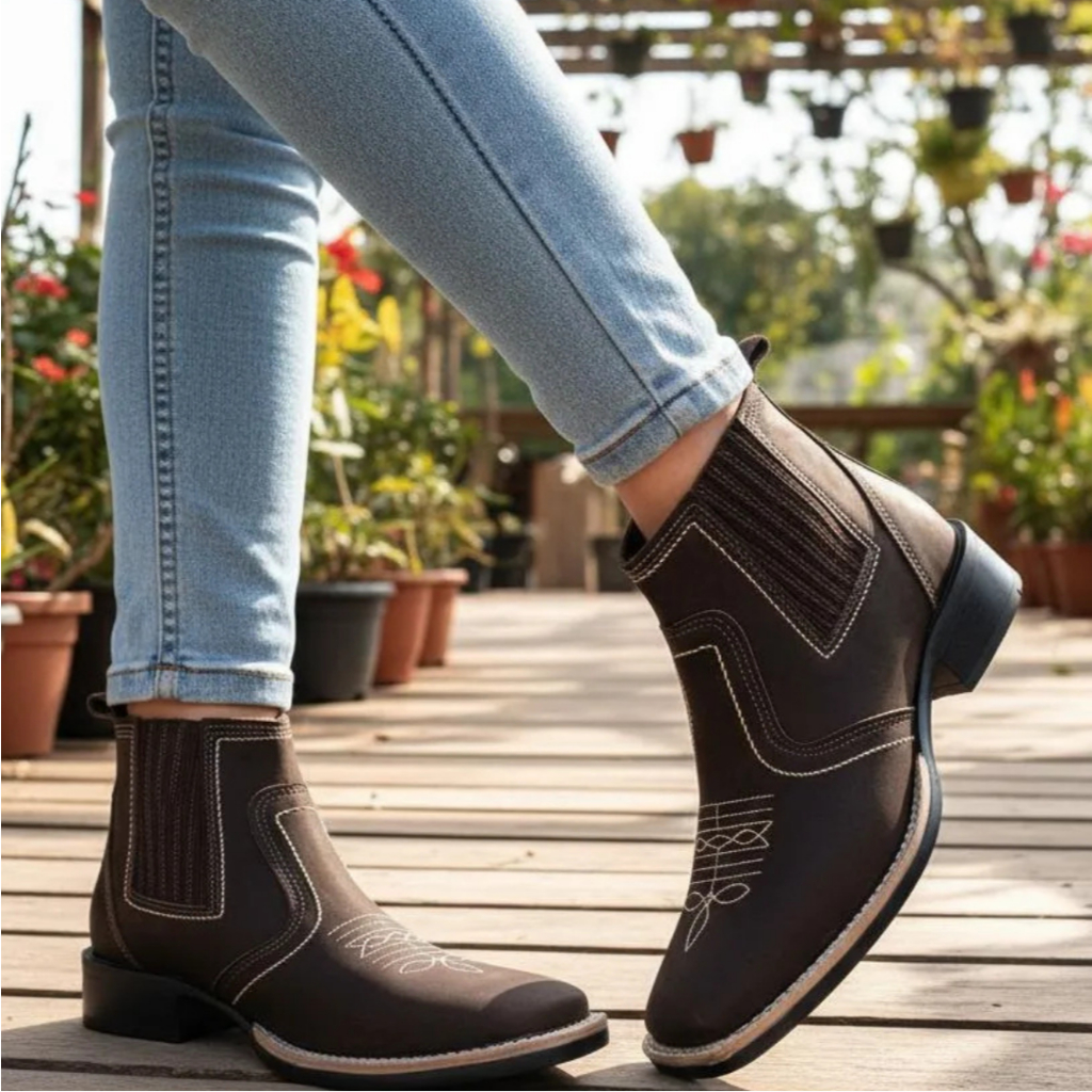Bota Feminina Texana Country Bico Quadrado Couro Legitimo Solado Costurado Marca Campolina 3140