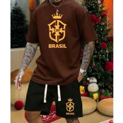 Kit Conjunto Masculino Brasil Camiseta Em Algodão + Short Tactel Mauricinho estampa esportiva verao copa do mundo