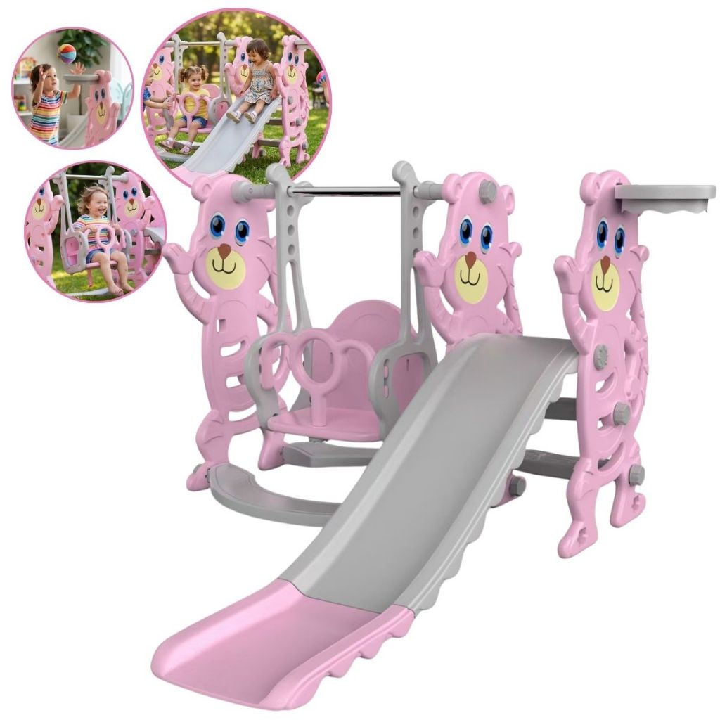 Playground Infantil 3 em 1 Rosa Importway Escorregador Balanço Basquete